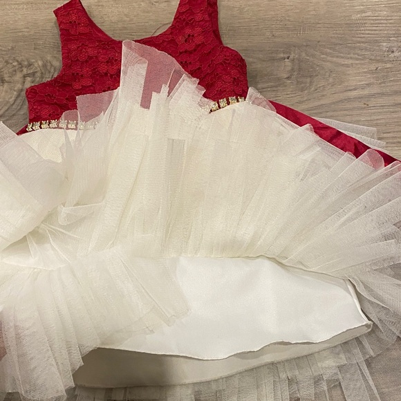 2T Red Lace Satin & Ivory Tulle Flower Girl Dress Holiday Special Occasion Tutu - Picture 6 of 7